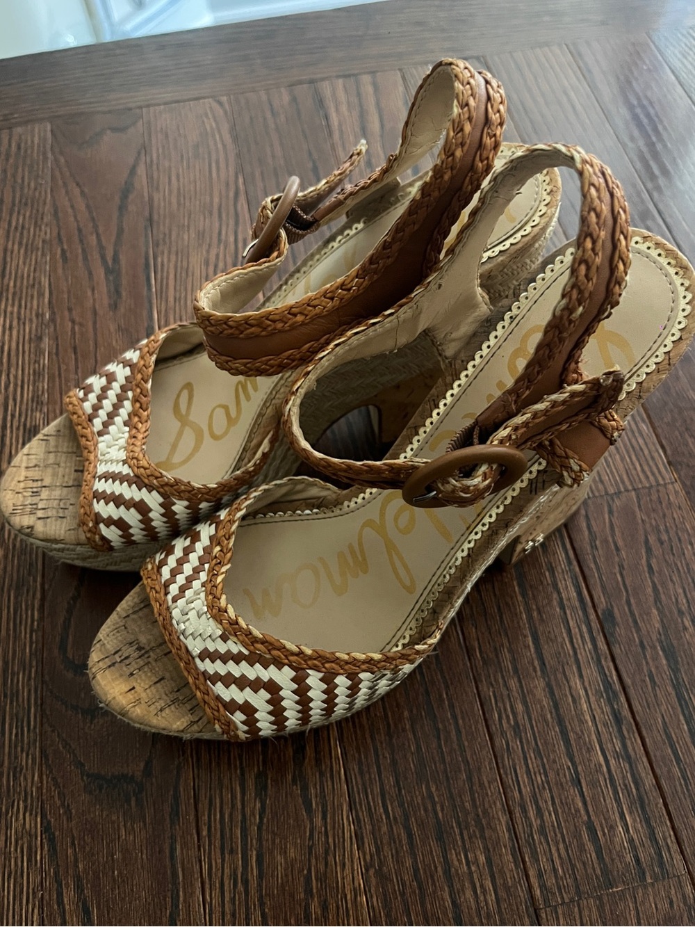 Sam Edelman Brown and Cream Woven Wedge Sandals